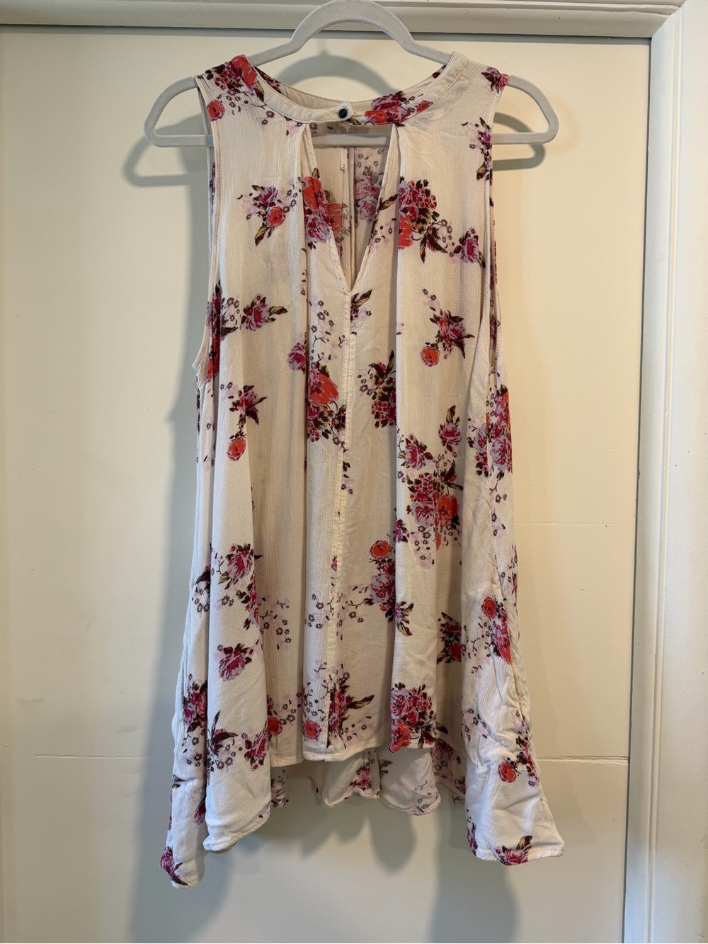 Free People Floral Sleeveless Swing Top - Cream with Pink & Red Floral